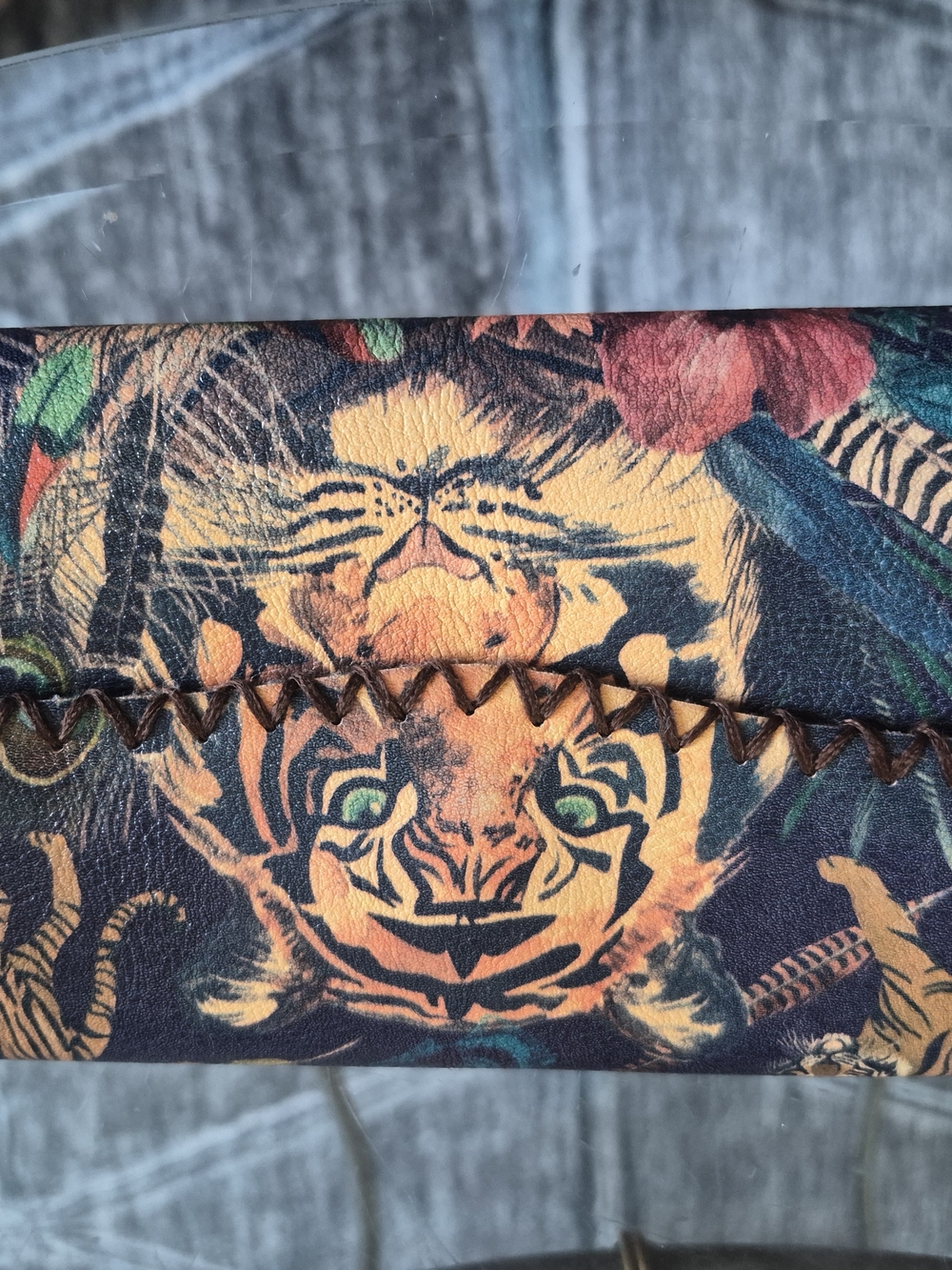 Tropical Tiger Printed Leather Wallet - Multicolor Snap Closure.